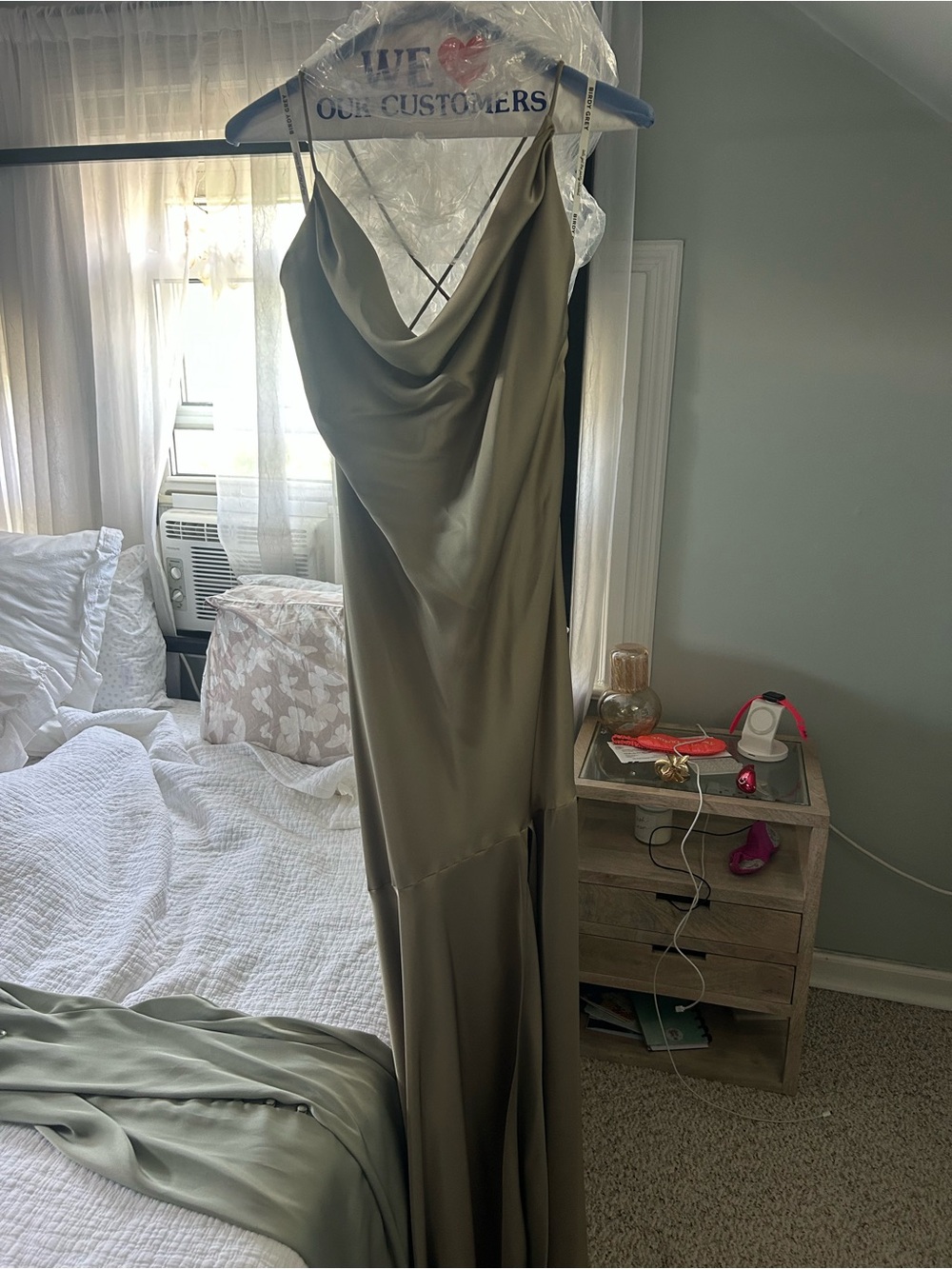 Satin Cowl Neck Slip Dress in Olive Green